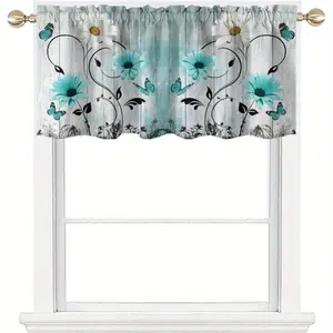 1pc AAtter Teal Floral Kitchen Valance Curtain - Turquoise Aqua Daisies & Butterflies Rustic Country Design, 100% Polyester Blackout Machine Washable Eyelet Top Window Drape for Kitchen Living Room Bedroom Bathroom Foldable Colorful Divider