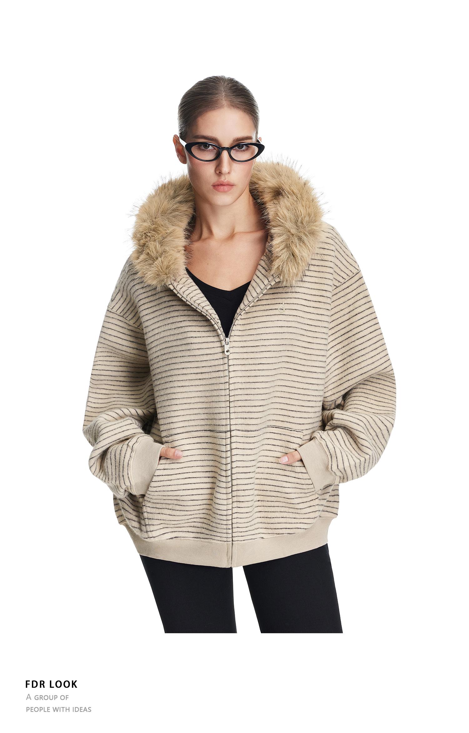 FDR Cozy Striped Fuzzy Hoodie with Faux Fur Collar Zip-up Oversized / Slim Sweater Oversized Fit Long Sleeve Fall / Winter Casual Womenswear Coats Outerwear Tops Jackets Sweatshirt #valentinesday #tiktokshopjumpstartsale #valentinesdaygift SpringStatement