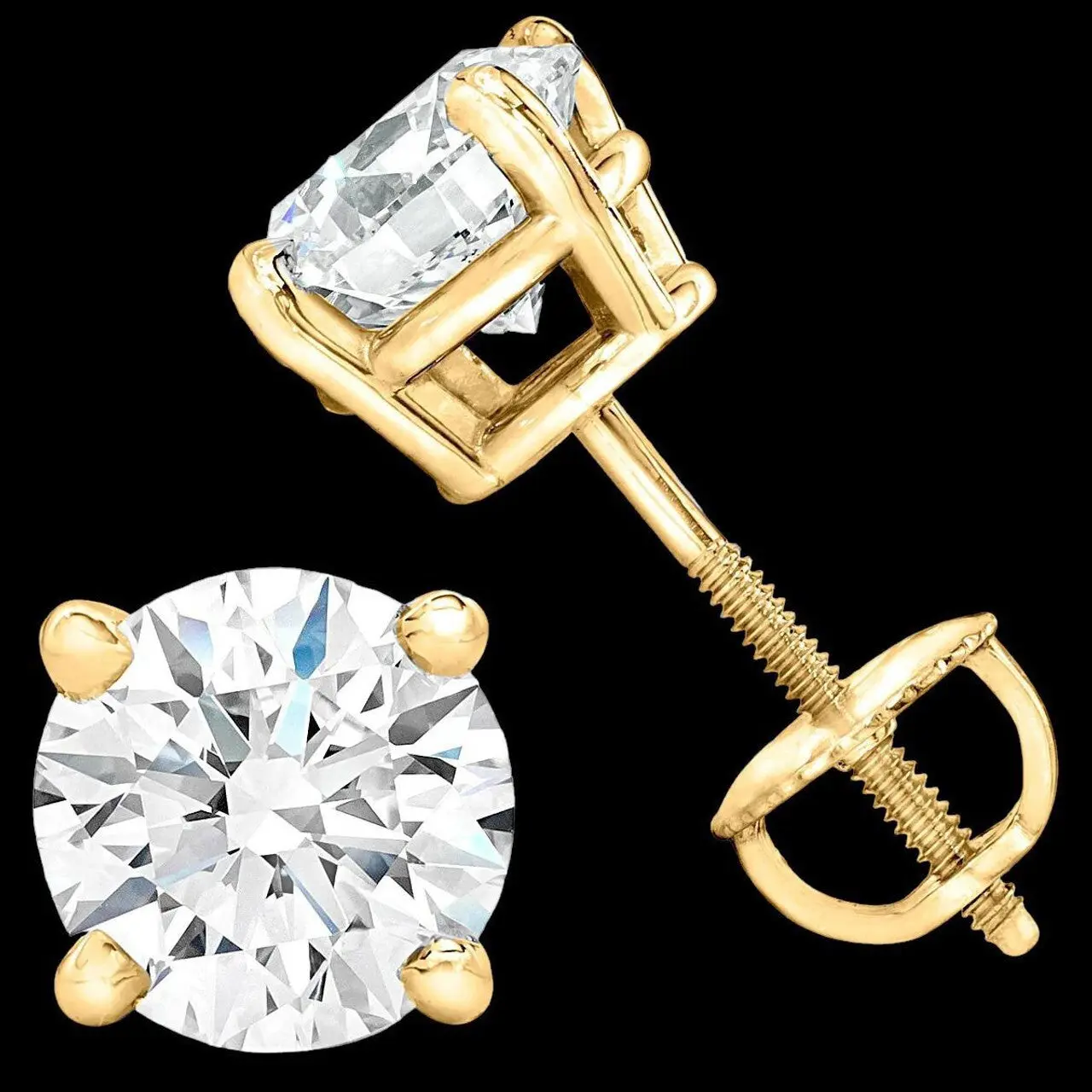 2ct Real DIAMOND Stud Earrings - 14k Yellow Gold - 6.5mm