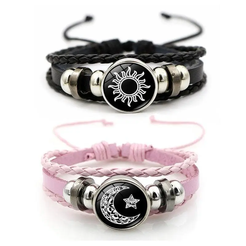 Sun & Moon Lovers Leather Bracelet Vintage Punk Multi-Layer Beaded Woven Design Couple Gift with PU Leather and Glass Accents