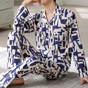 Men's spring and autumn cotton long-sleeved pajamas, casual cardigan suit, men's cotton loungewear, thin summer pajamas, pajamas, two-piece pack, lapel long-sleeved top, straight pants, suitable for men's daily wear at home