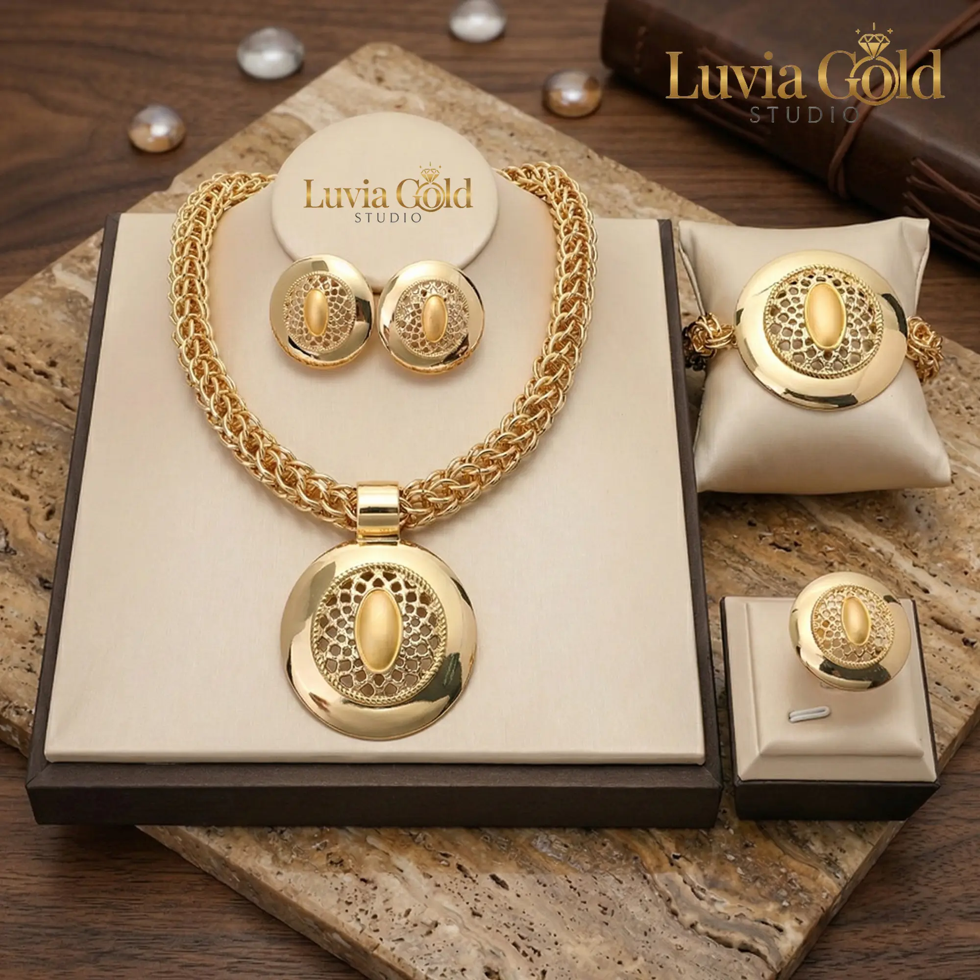 Gold Plated Matching Jewelry Set for Women, 4-Piece African Dubai Style Hollow-Carved Necklace, Chunky Bracelet, Earrings & Ring, Accessory Set, Jewellery Gift Set