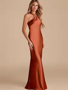 Azazie Doretta Mermaid Halter Bow Keyhole Wedding Guest Evening Metallic Satin Dress