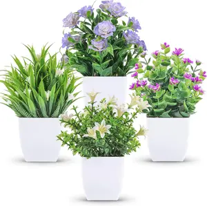 4 Pack Small Fake Plants Mini Artificial Faux Plants Indoor with Flowers Spring Decorations for Home Room Farmhouse Desk House Bathroom Decor