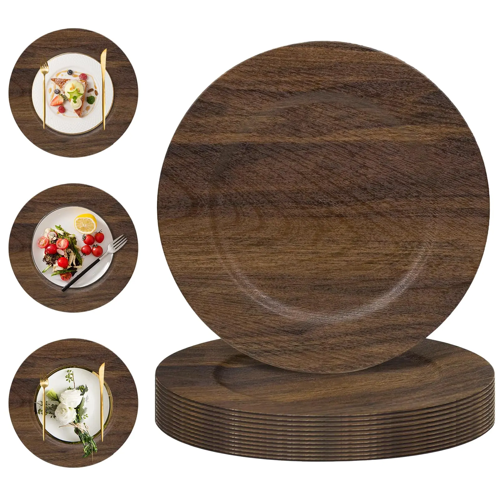 Brown Charger Plates Set of 10, Faux Wood Chargers for Dinner Plates | 13" Plastic Plate Chargers, Farmhouse Round Table Chargers, Decorative Chargers for Wedding, Party, Thanksgiving