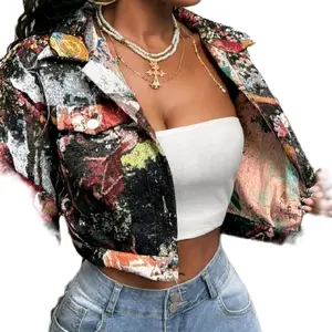 Jacquard Crop Top Jacket - Stylish Floral Print Women's Fashion Outerwear