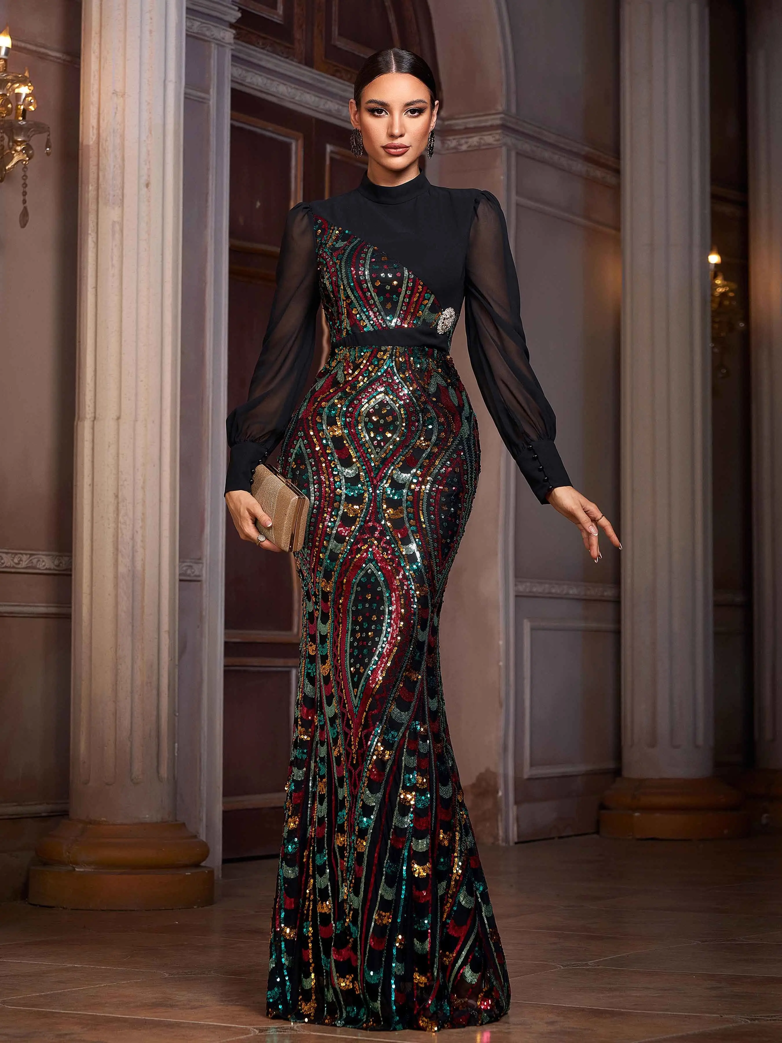 Women's Party Dress with Sequin Patchwork - Long Sleeve, Fitted, Formal, Elegant, Party Wear
