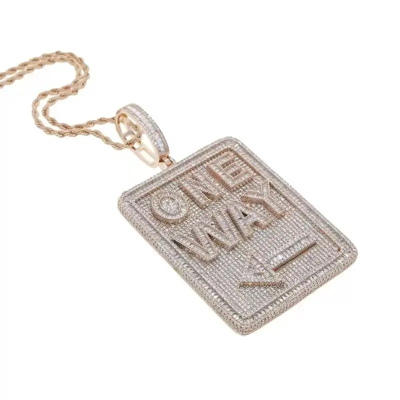 M2-2008 Iced Out ONE WAY Arrow Street Fashion Square Tag Hip Hop Pendant Necklace Unisex Jewelry for Daily Wear or Parties