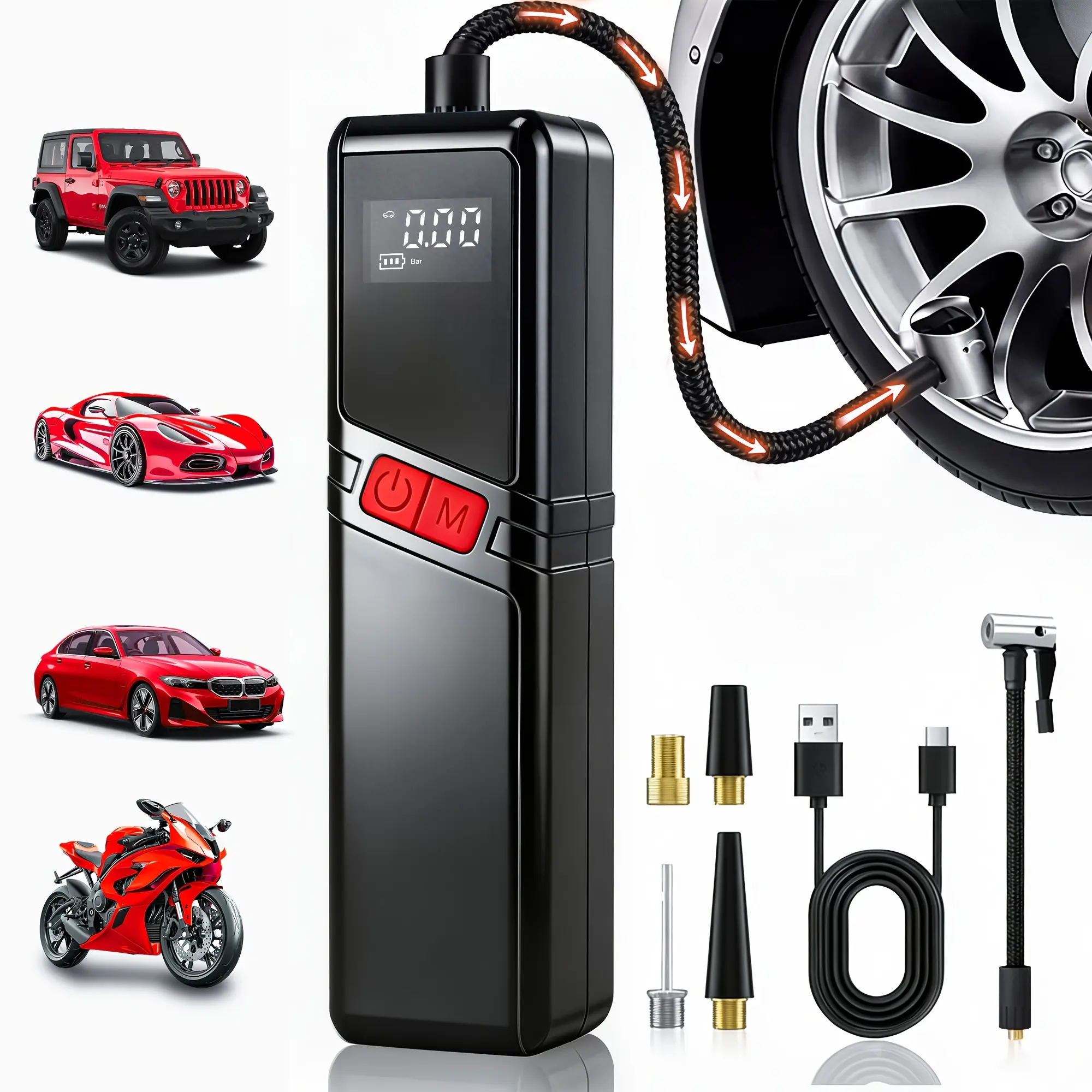 Portable 150 PSI Tire Inflator Handheld Tool - Digital LCD Display, USB Fast Charging, LED Lighting, for Cars/SUVs/Bikes & Sports Equipment Balls, Digital Display, Usb Charging