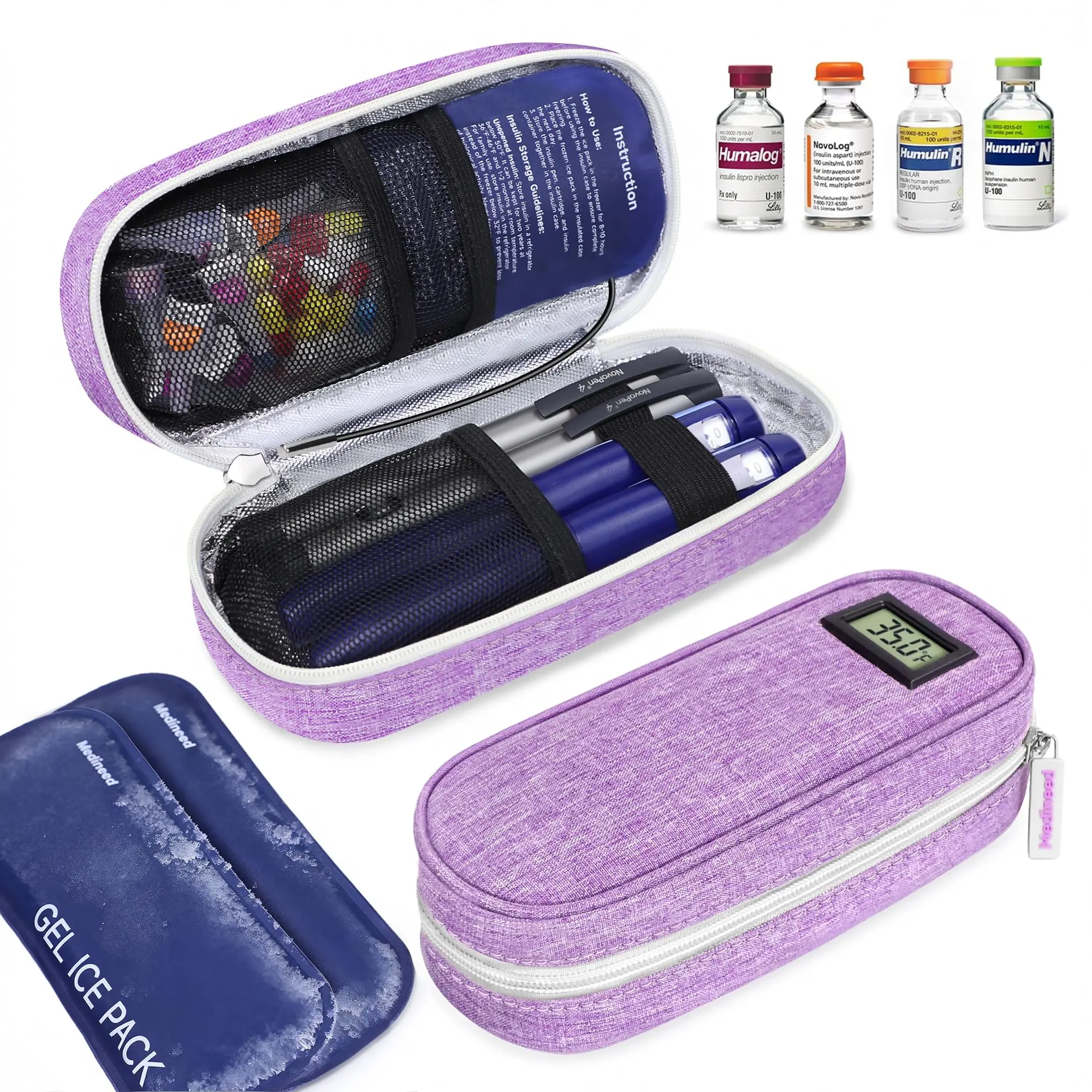 Insulin Cooler Travel Case TSA Approved with Temperature Display – Diabetic Medication Travel Case with 2 × 90g Ice Packs For insulin pens and other daily diabetes care and travel essentials; travel accessories.