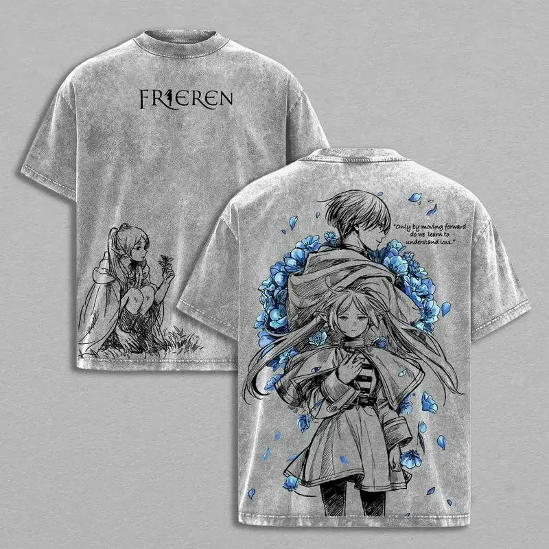 Frieren x Himmel Tee Washed – Frieren: Beyond Journey’s End Vintage Washed Heavy Cotton Oversized Anime Manga T-Shirt , Double Printed Retro Unisex Streetwear Graphic Top, Love After the Journey Fantasy Edition
