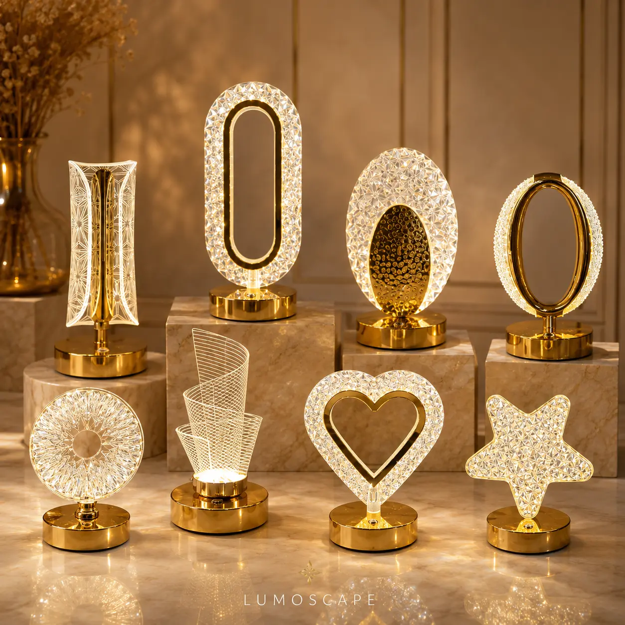 Luxury Gold Crystal Table Lamp - 8-Shaped Diamond Acrylic LED Night Light, Touch Control Modern Minimalist Home Accessories for Bedroom, Living Room Festive Decor & Ambient Desktop Lighting