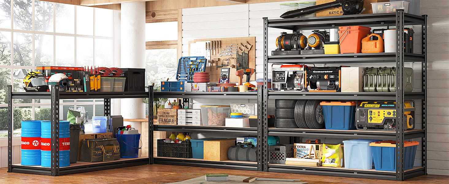 Raybee Shelf Standing Utility Shelves for Home Garage Kitchen Office Metal Frame Adjustable Storage Rack Rolled Edge Column Shelf with MDF Board Panel