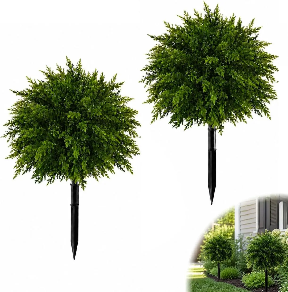 2 Pack UV-Resistant Synthetic Decorative Artificial Boxwood Topiary Ball with Ground Stake, Low Maintenance Faux Shrub for Outdoor Patio & Front Porch Decor with Easy Installation,dorm essentials,dorm decor,dorm room decor