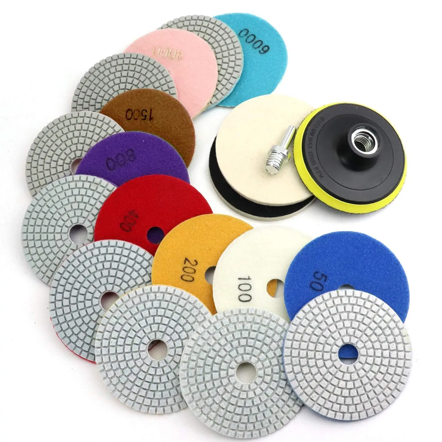 4 Inch Diamond Polishing Pads with 5/8’’-11 Backer Pad,12 Pcs Wet/Dry Granite Stone Polish Pad Kit for Drill,Grinder,Polisher,50-6000 Grit Polishing Pad for Concrete Marble Rock Countertop Quartz,Summervibes