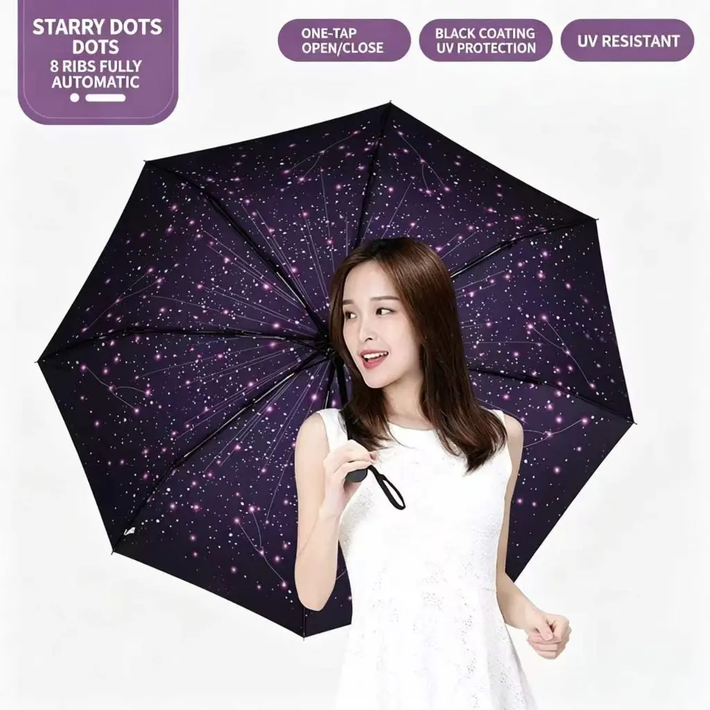 Auto Open Close 3 Fold Umbrella with Galaxy Starry Sky, Star Dots, Blue Sky White Cloud Print, UPF50+ Windproof Waterproof Sun & Rain Parasol for Car, Outdoor & Travel