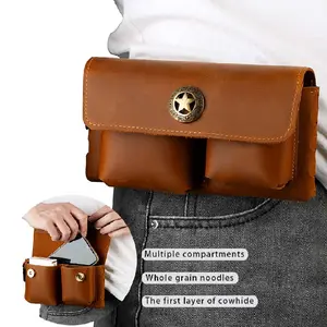 Men's Leather Waist Bag Phone Holder for Business Travel Everyday Commute Brown Leather Belt Bag Travel Accessory Sleek Accessory Durable Construction Multiple Pockets for Keys & Cards Travelers Business Accessory Modern Pouch Sturdy Construction Beltbag