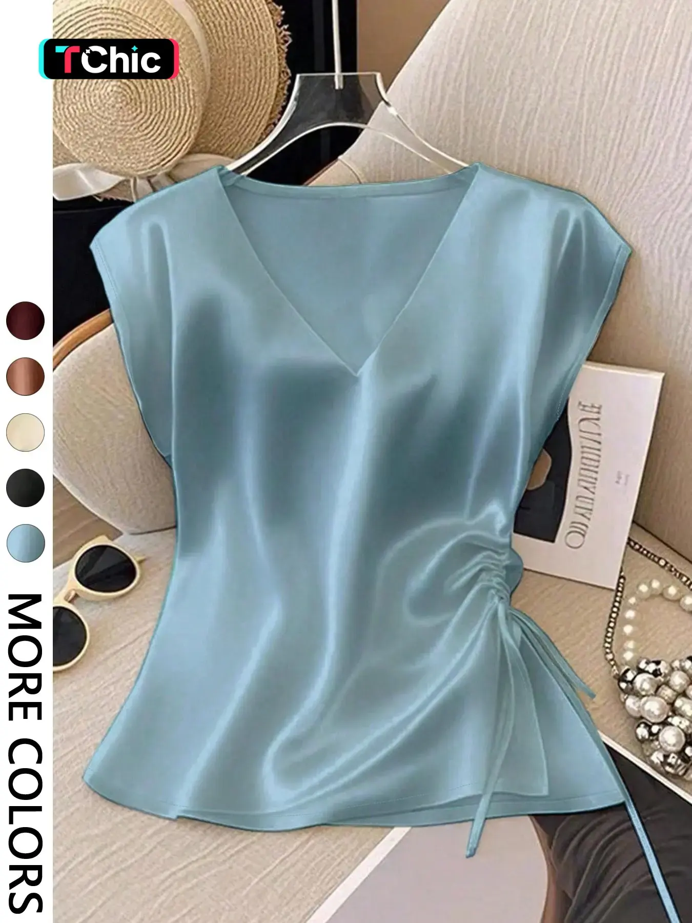 Women's Elegant Simple Solid Color V-Neck Batwing Drawstring Side Ruched Silky Satin Blouse Shirts, Summer Wear
