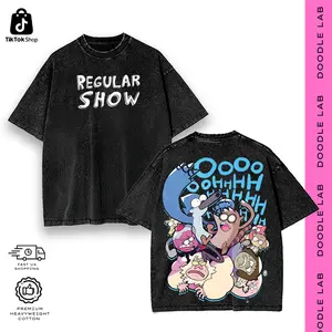 Regular Show Mordecai Rigby Graphic Wash Tee Hoodie For Men, Vintage Bootleg Inspired Cartoon Shirt, 90s Retro Streetwear Heavyweight Cotton Oversized