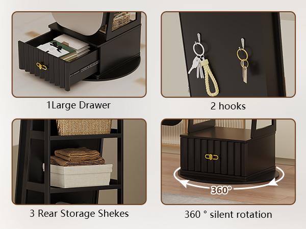 Miuvanity Round-Corner Design Full-Length Mirror with 360° Swivel & LED-Lit Features, Bottom Drawer Storage, Lockable Design living room decor Miuvanity Round-Corner Design Full-Length Mirror with 360° Swivel & LED-Lit Features, Bottom Drawer Storage, Lockable Design living room decor