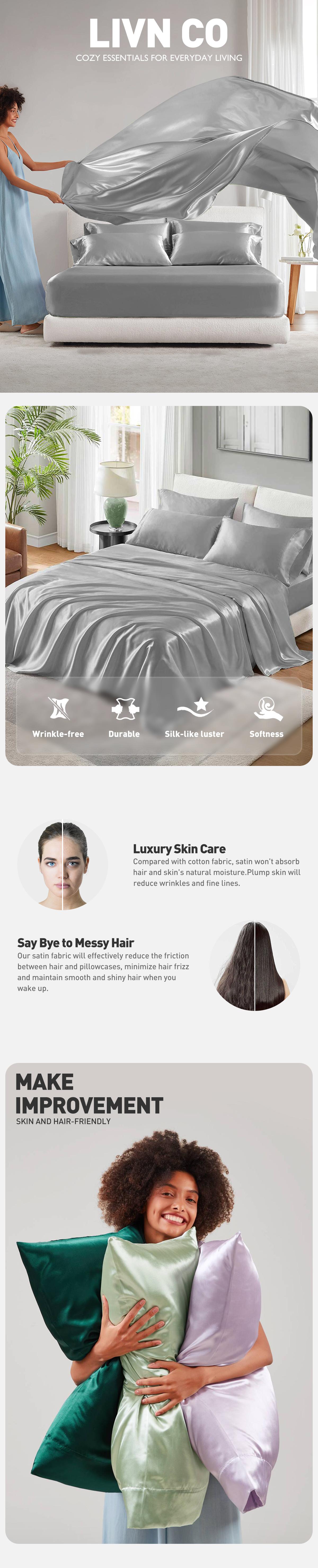 6 Piece Solid Color Satin Sheets Set (1*Flat Sheet + 1* Fitted Sheet + 4*Pillowcases), Luxurious And Silky With Natural Sheen