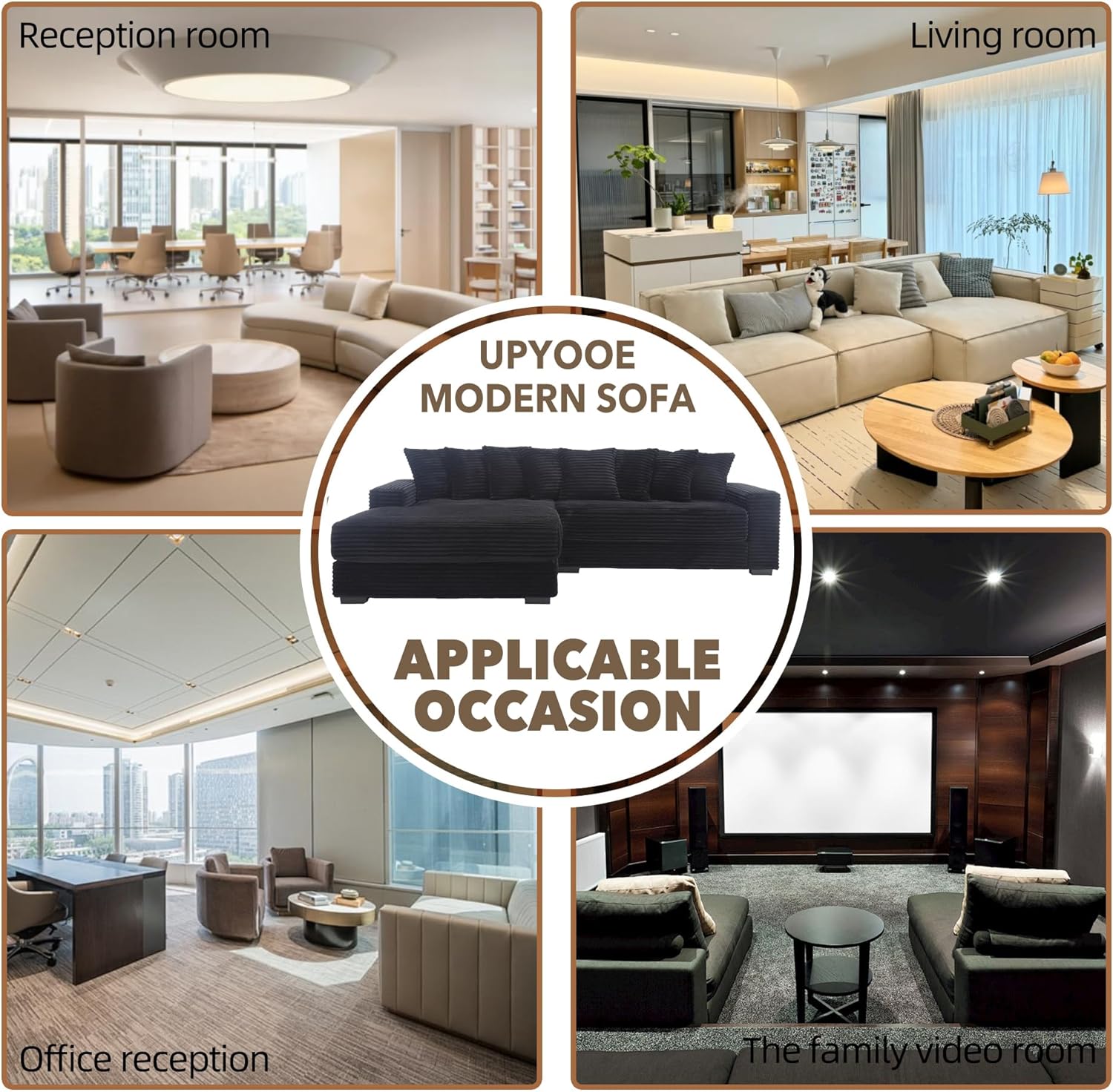 [Shipped in 3 packages] Niccae L-shaped modular sofa (LED light strip version) with ambient lighting, quilted corduroy, convertible into a bed, adjustable footstool, suitable for living rooms, apartments or home offices, self-assembly required