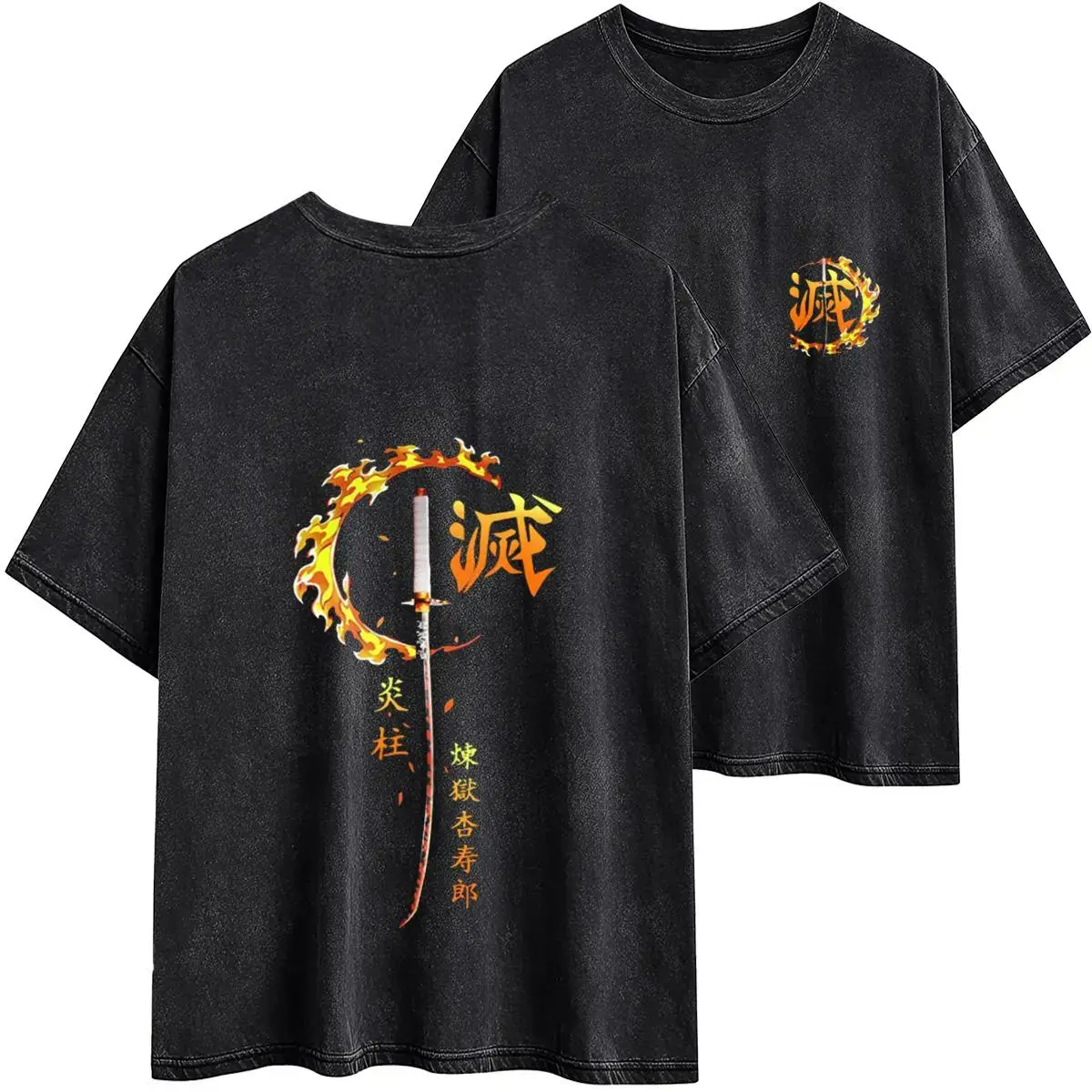 Demon Slayer Kyojuro Rengoku Graphic T-Shirt, Men's Vintage Distressed Print, Short-Sleeve Casual Streetwear Crew Neck in Cotton-Polyester Blend, Festive, Clothes, Party, Shortsleeve, Menswear, Round Neck, Top, Tops, Festive Theme
