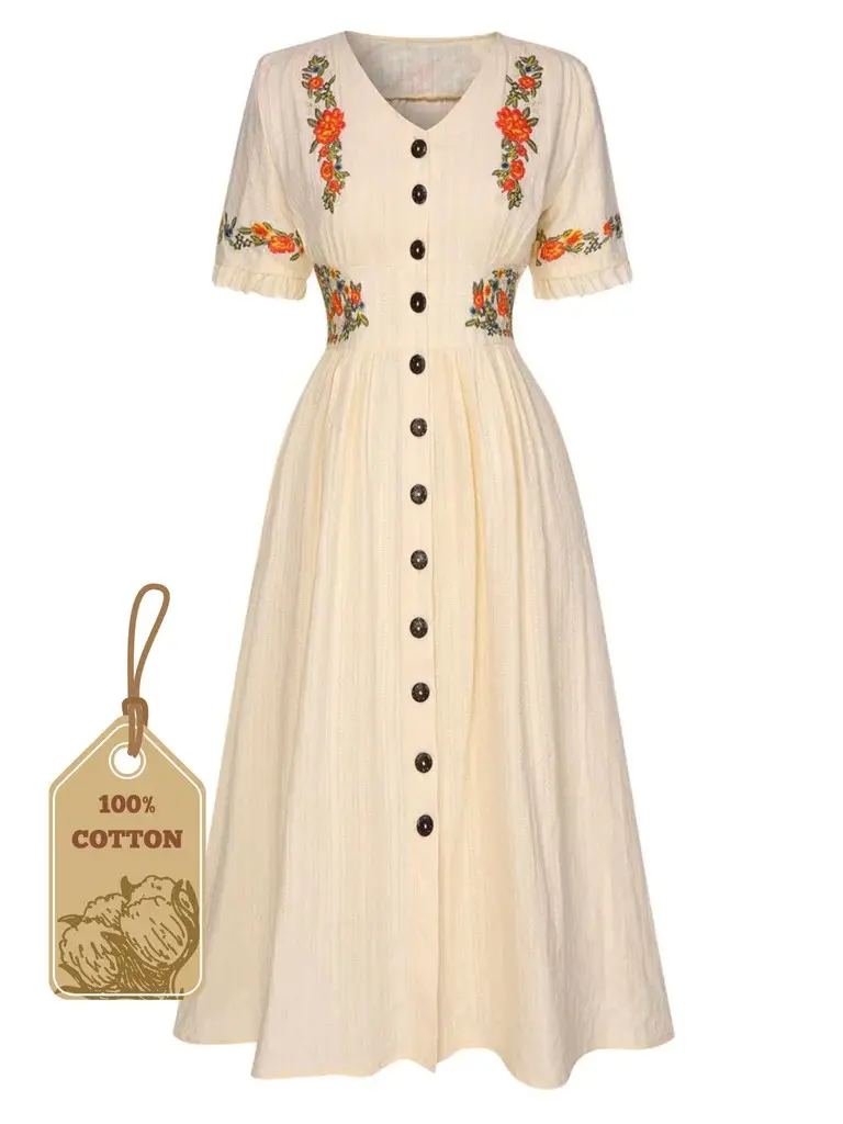 RETROSTAGE Women's 100% Cotton Retro Bohemian Casual Embroidered Midi Dress - V-Neck, Short-Sleeve, Button-Front, Ready-to-Wear for Vacation, Going Out, Lady, Casual Wear, Boho Earthy Girl BackToSchool Sohochic Fall Dresses Fall outfits Fall fashion