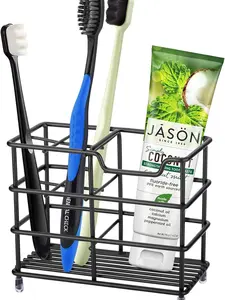304 Stainless Steel Bathroom Toothbrush Holder Toothpaste Holder Stand Bathroom Accessories Organizer (Black, Small)