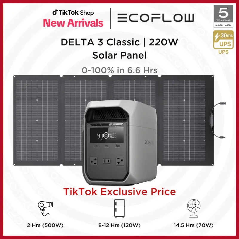 EF ECOFLOW DELTA 3 Classic Portable Power Station with 220W Solar Panel, Solar Charging, LiFePO4 Battery, 1800W AC/100W USB-C Output