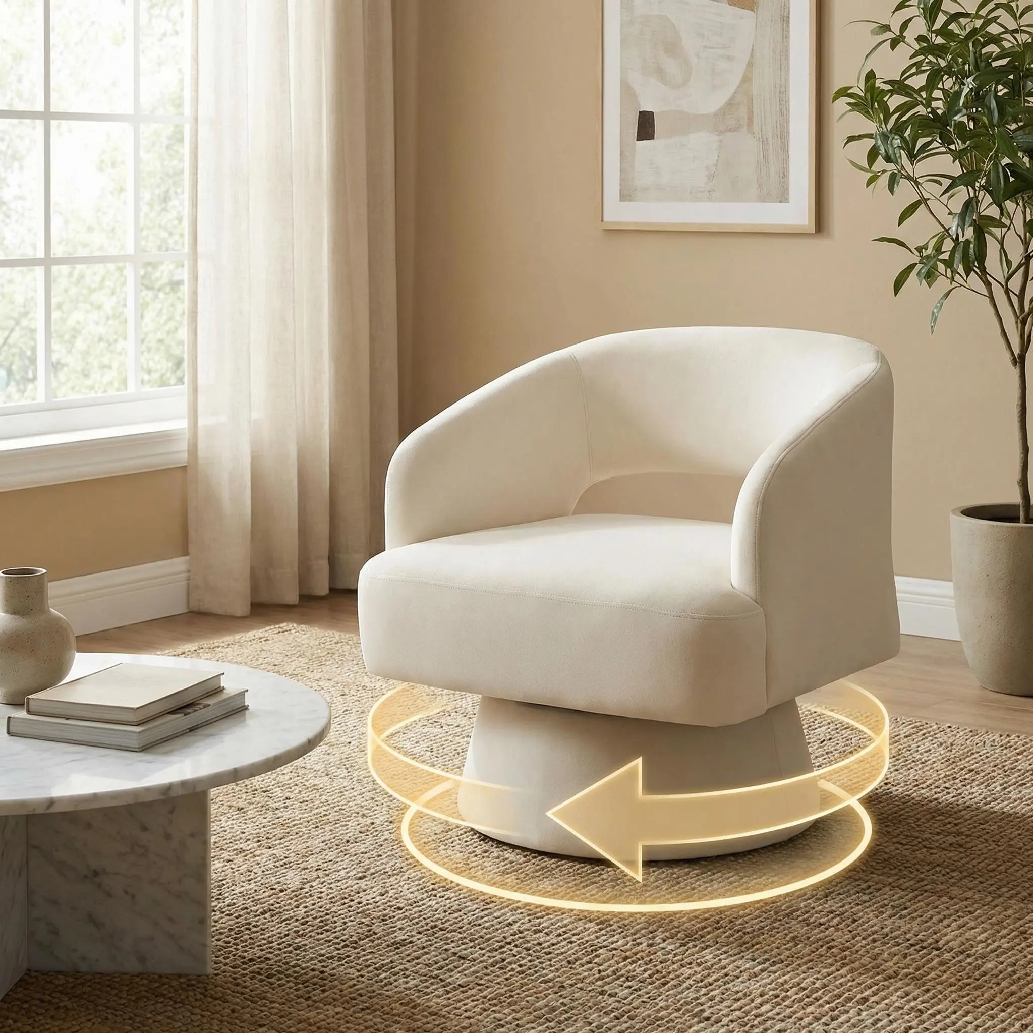 Garvee Swivel Barrel Chair - Modern Velvet Upholstered Armchair with Striped Backrest & Plush Padding, 360° Rotation, Ergonomic Support, Commercial-Grade Stability, Beige/Black/Camel/Green