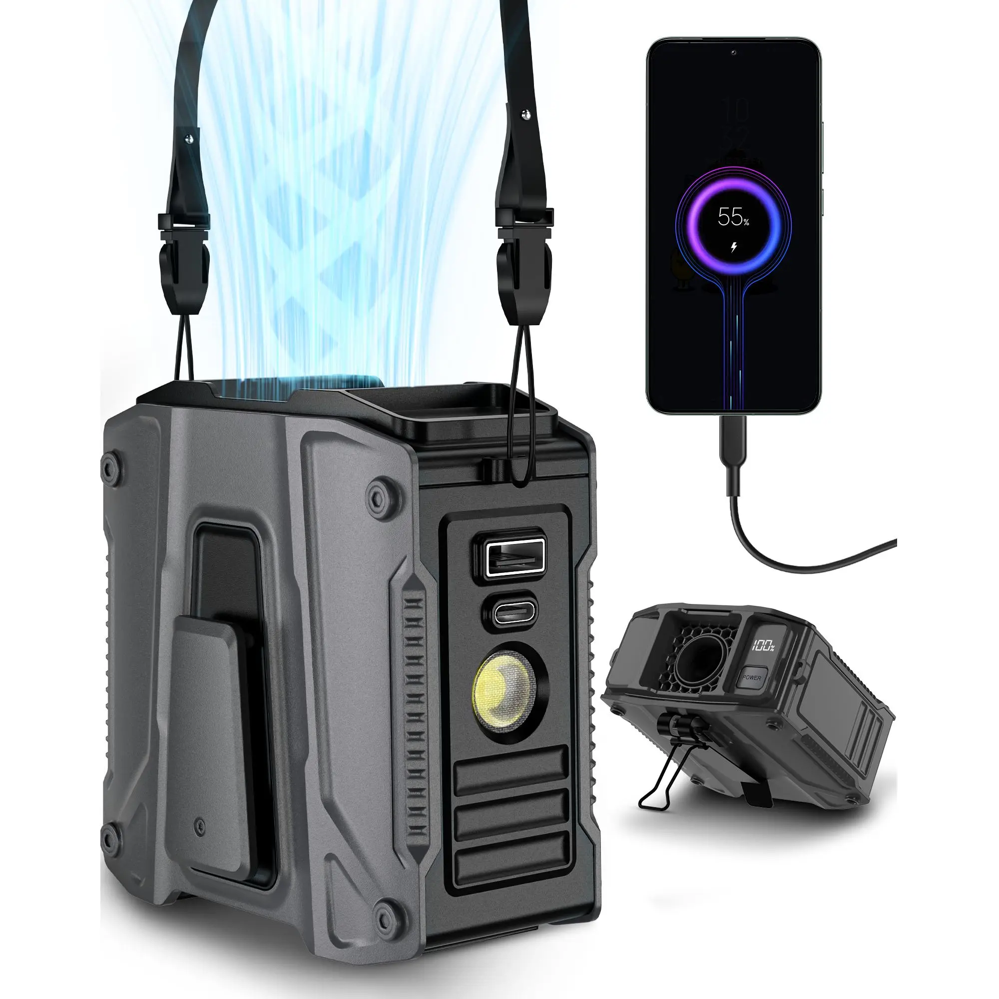 FrSara Waist Fan, 14500mAh PowerBank & 24H Runtime, Portable Rechargeable Fan, 5-Speed w/Lanyard, Flash Light, LED Display, Clip on Wearable Belt for, Hiking, Jobsite Warehouse, Outdoor Work, Golf, Military Life, Gift for Men, Father's Day Gift