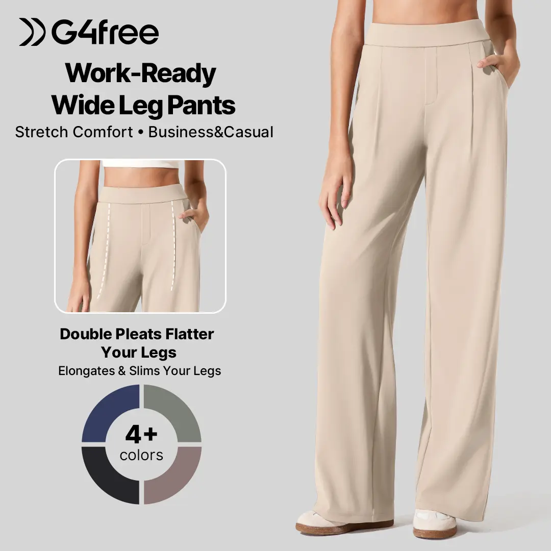 G4Free ShiftReady Women's High Waist Wide Leg Yoga Bottoms - Basic Dressy Casual Slacks with Pockets, Work Trousers, Bottom