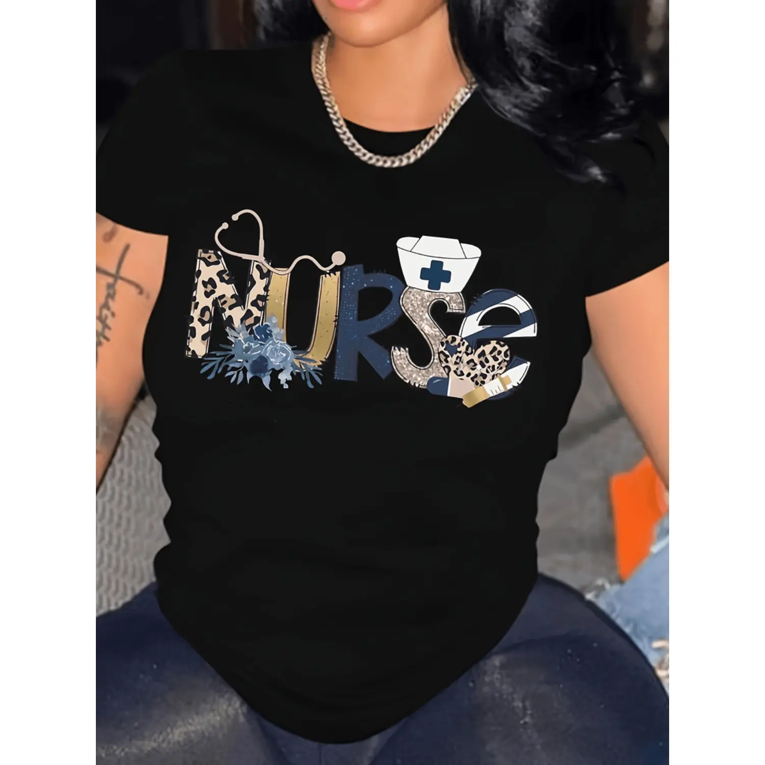 Women's Nurse-Themed Cotton Graphic T-Shirt, Lady's Loose Casual Crew Neck Short Sleeve Soft Breathable Black Sports Top, Comfortable