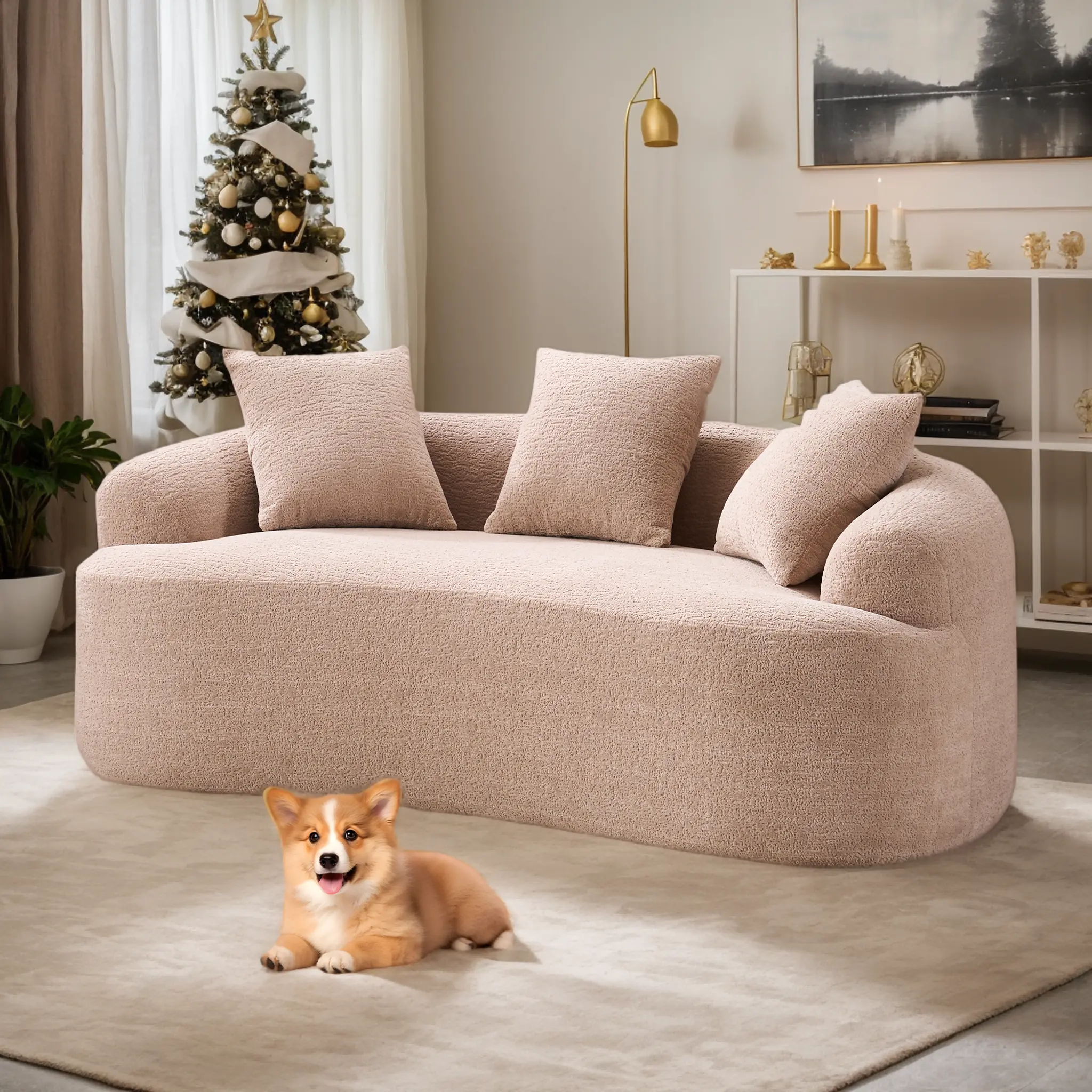 Eyisean 65"l×39.4"w Chenille Fabric Comfy Modern Cloud Round-Arm Couch - Fixed Arms, 3 Pillows, Pre-Assembled Small Space Indoor Living Room Apartment Loveseat Furniture, Chenille Fabric Couch, Modern Cloud Couch