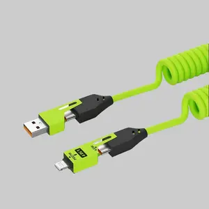 65W 4-in-1 Retractable Coiled USB Cable, Spring Charging Cord with USB A/Type C Input, Lightning/Type C Output, 480Mbps Data, Compatible with iPhone, Android, Laptop, Car