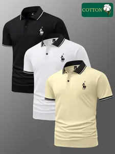 Men’s 3-Pack Summer Polo Shirts with Horse Print, Short Sleeve Cotton, Classic Vintage Style — Lightweight, Versatile Sporty Casual Outdoor Fashion Golf Wear, Trendy Black Short Sleeves, Best Gift for Boyfriend or Husband