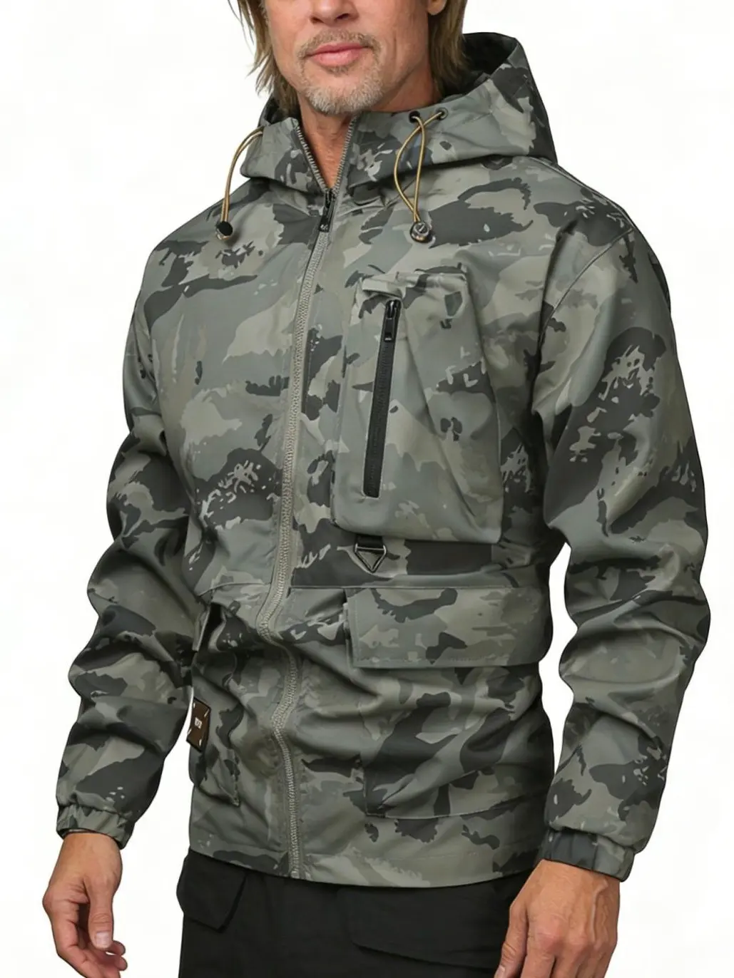 Men's Casual Camouflage Jacket - Fitted Waterproof Windbreaker Coat in Lightweight Woven Fabric with Hood and Pockets