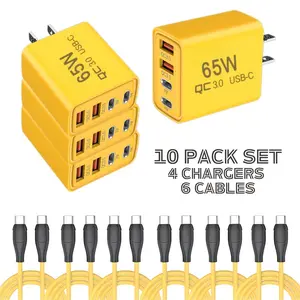 10pcs Or 6pcs Fast Charger Set 65w Fast Chager Plus Type-c to Type-c Cables Yellow Suit for iPhone 15/16.Samsung, Xiaomi, And Android Devices.