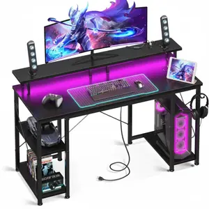 48 inch Gaming Desk with LED Lights & Power Outlets, Computer Desk with Monitor Stand & Storage Sheves, CPU Stand, Home Office Desk