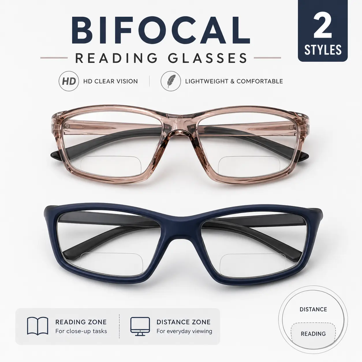 Bifocal Reading Glasses for Men Women, 2 Style Lightweight Readers, HD Clear Vision Dual Zone Eyeglasses for Distance & Close-Up Reading