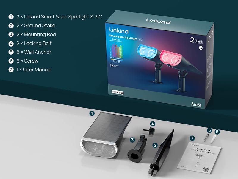 Linkind Smart Solar Spotlight SL5C Color Changing Cool Warm White Landscape Lighting APP Control Solar Lights Outdoor IP67 Waterproof for Yard Garden Pathway 2 Pack with AI-Dot App for Customizable Scenes