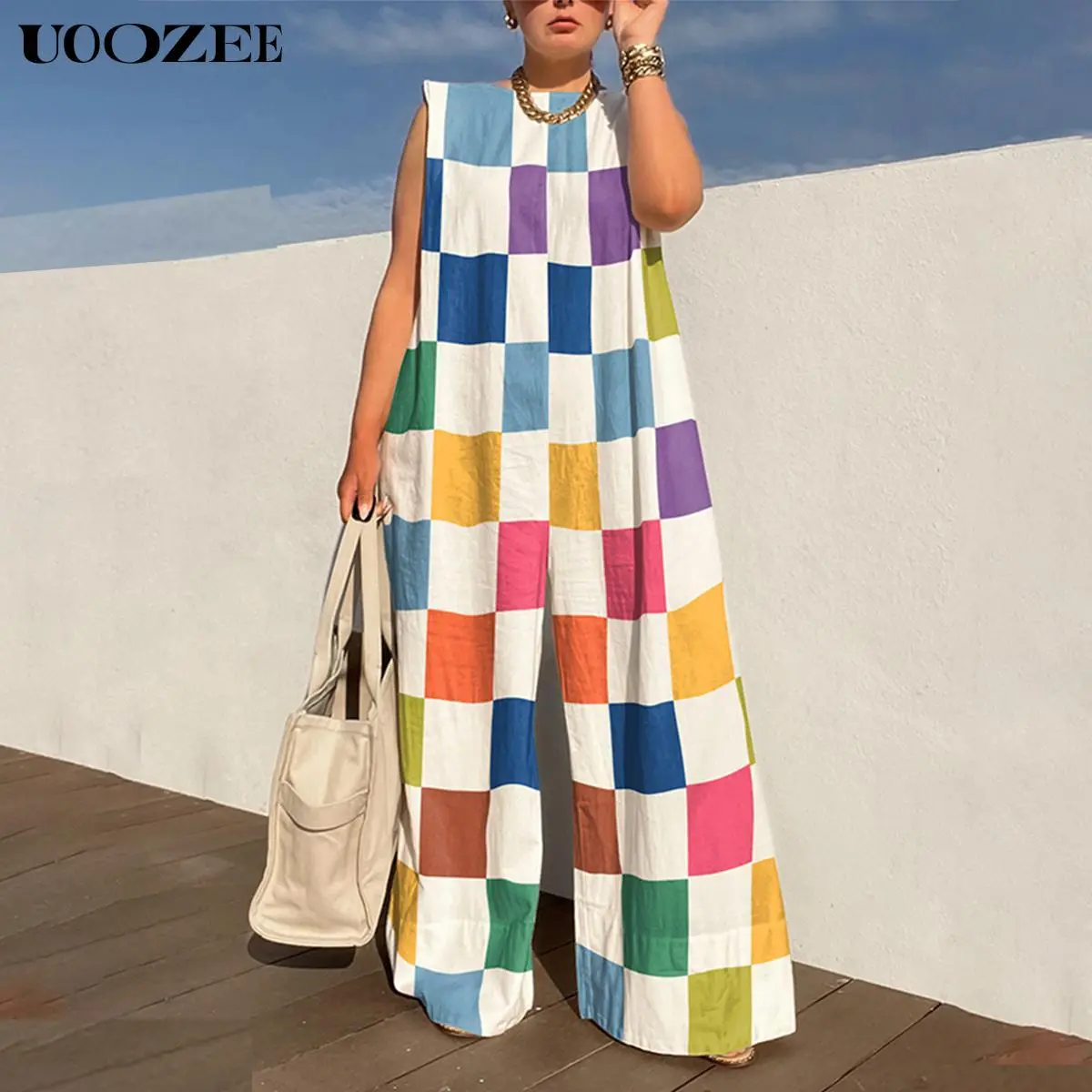UOOZEE Women's Chic Loose Easy Fit Sleeveless Plaid Pattern Overalls Pants - 80% Dacron Linen-Cotton Blend, Zip Closure, Basic Classic, Everyday, Lightweight Comfortable, Colorful, Accessory-Compatible, Machine Washable, All Seasons Casual Bottoms