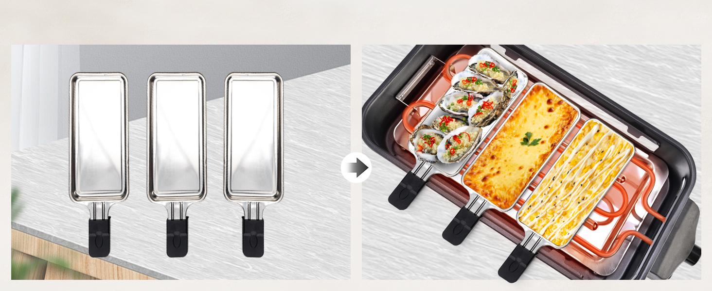 Pukomc Electric Smokeless Indoor Grill 1500W Non-Stick Cooking Removable Plate with Temperature Control & 3 Mini Raclette Pans Tabletop Griddle Multifunction