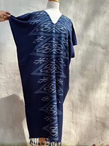 Ikat Hand Woven Pattern Kaftan in Indigo Blue with White