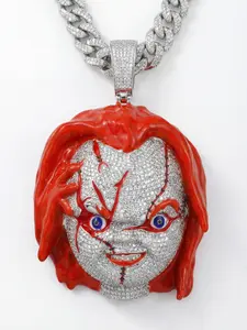 ①⓪Space ice hiphop jewelry Men’s Iced Out Cuban Link Chain Necklace, Gold Plated Hip Hop Rapper Jewelry with Red Doll Face Chucky Pendant, CZ Diamond Statement Necklace Unique Bold