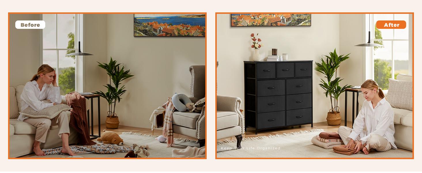 9 Drawers Dresser for Bedroom, Storage Drawers, Fabric Storage Tower Chest of Drawers with Fabric Bins, Sturdy Metal Frame 9 Drawers Dresser for Bedroom, Storage Drawers, Fabric Storage Tower Chest of Drawers with Fabric Bins, Sturdy Metal Frame