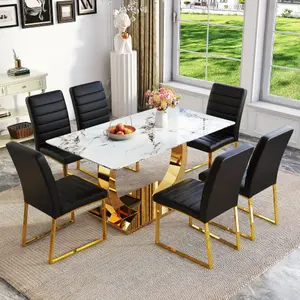 Bellemave  Marble patterned tempered glass dining chair set (gold decoration): 63 inch dining table+6 modern minimalist style dining chairs