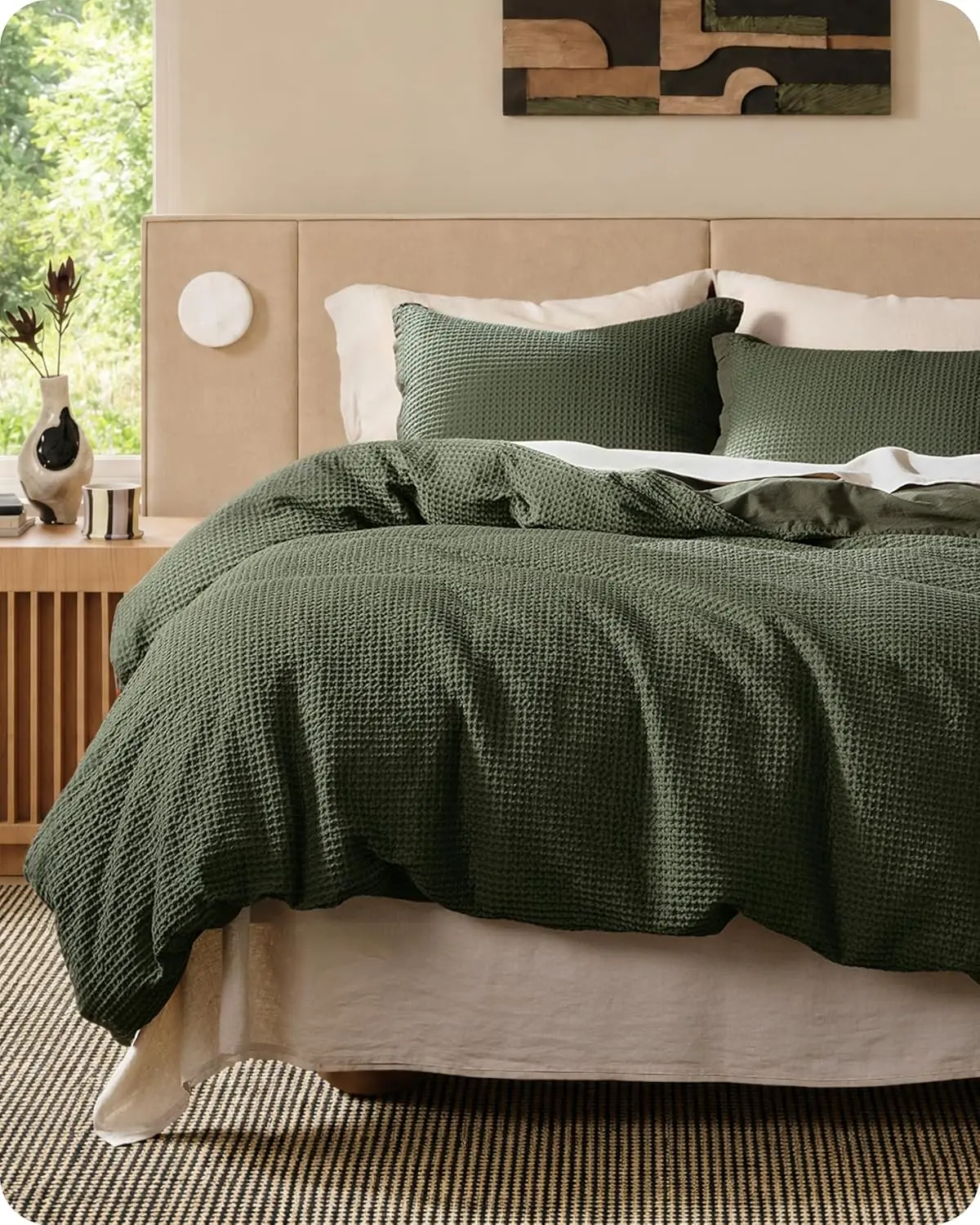 Bedsure 3-Piece Cotton Duvet Cover Set - Comfy Bedding Sets with Subtle Texture, Moody Color, 100% Waffle Weave, Breathable All Seasons Bedding, Spare Button Incl