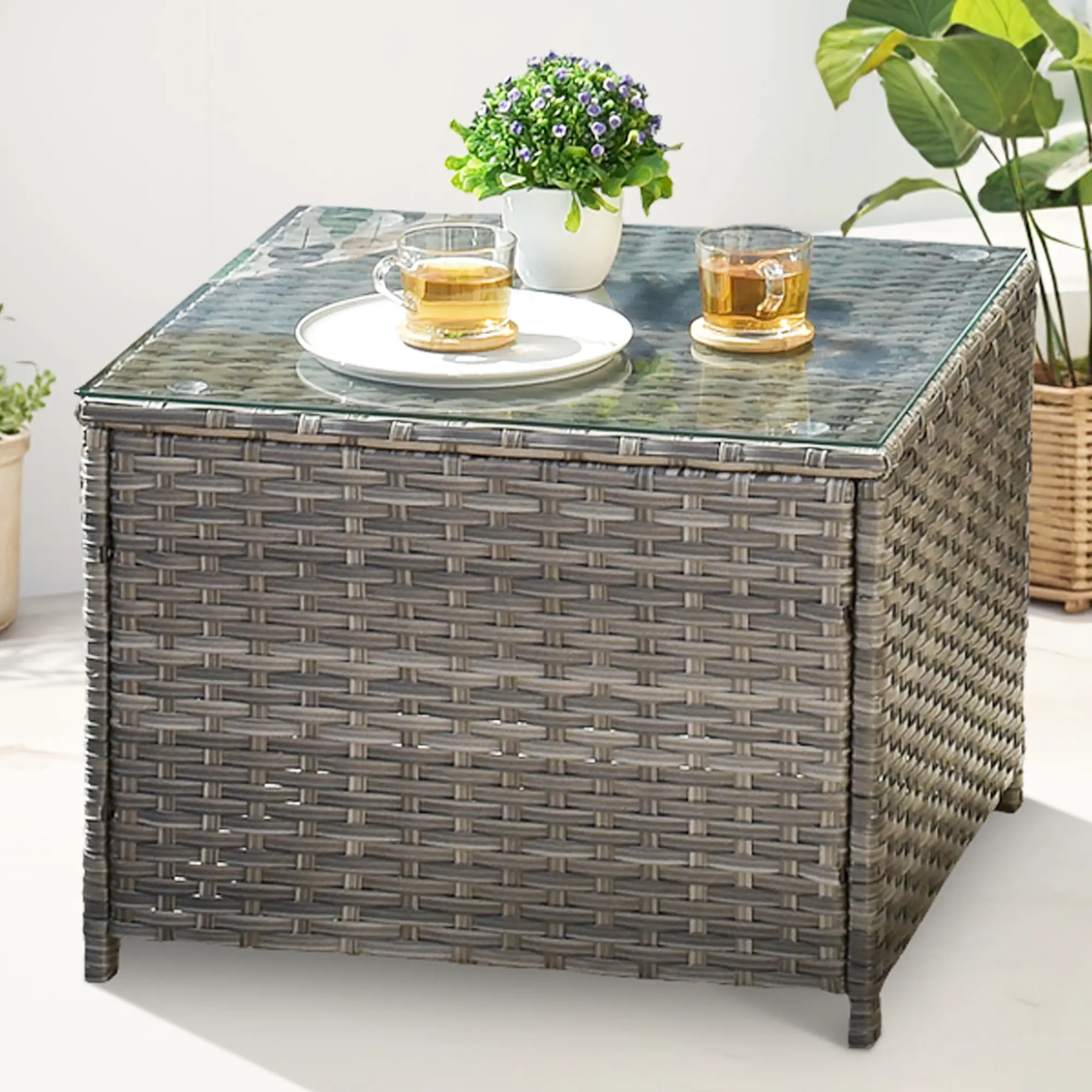 【Summerfinds】Ovios Outdoor Wicker Patio Coffee Table with Tempered Glass Top, All-Weather Rattan Side Table for Backyard, Garden, Deck, Porch & Patio Conversation Sets